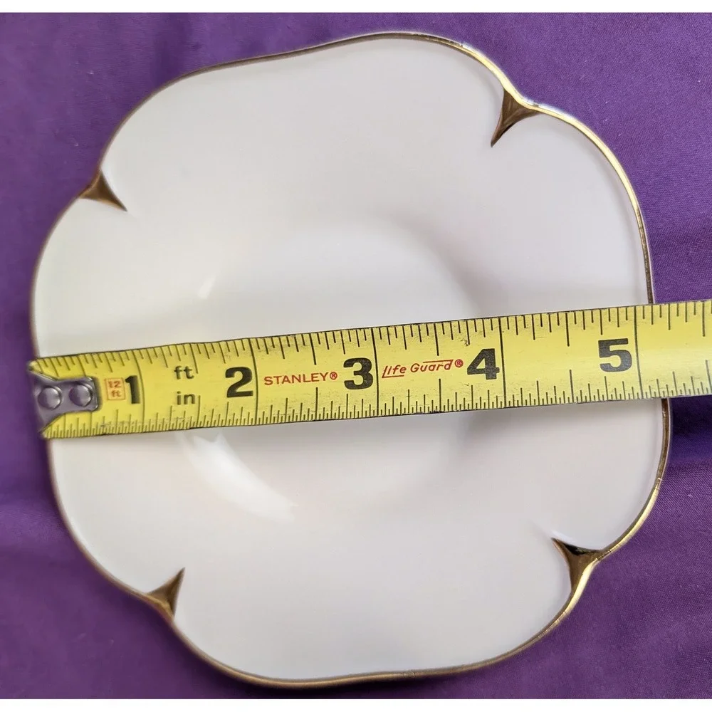 Olympia Ribbed Tea Cup and Flower Shaped Saucer White With Gold Trim NIB